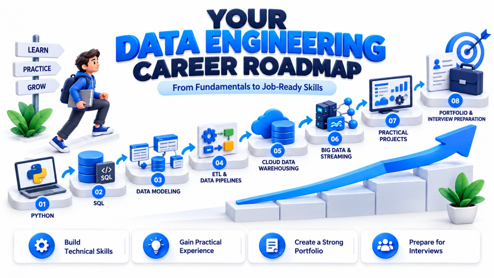 Data engineering career roadmap covering Python, SQL, data pipelines, cloud technologies, practical projects and interview preparation.